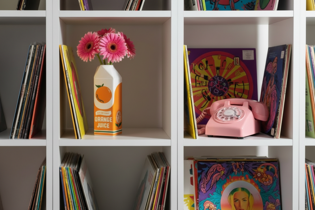 Photo d'illustration de l'article. Vase bouteille de jus d'orange avec des margherite rose. Le vase est dans une bibliothèque à case blanches. Il y a des vinyles et un téléphone rose.