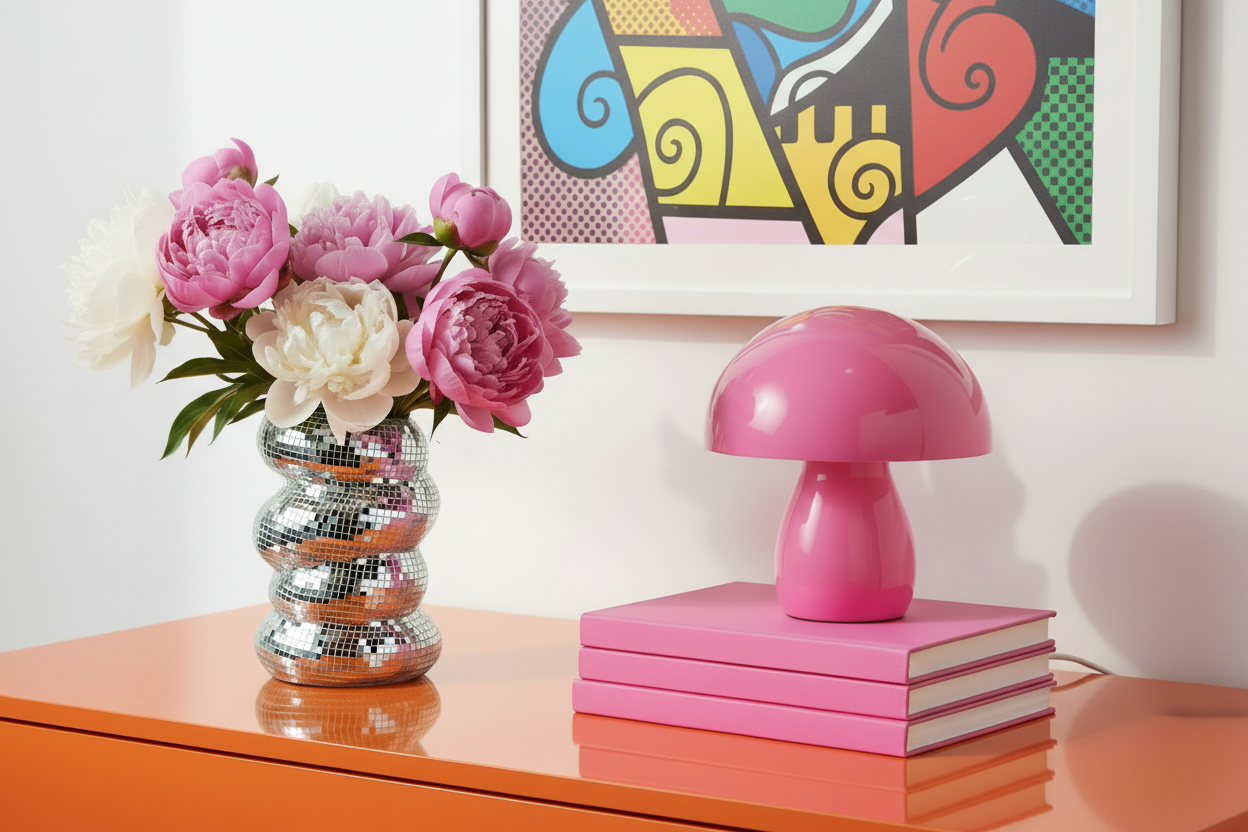 Image de présentation de l'article, il y a un vase boule à facette sur une console orange laquée