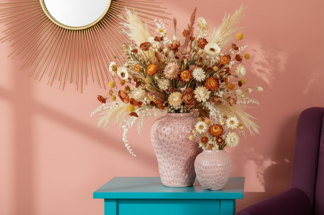 Vase fraise avec bouquet de fleurs séchées
