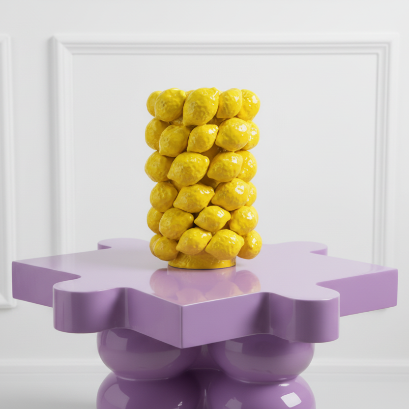 Photo du grand vase en ceramique avec plein de citrons. Le vase est posée sur une table lila laquée.