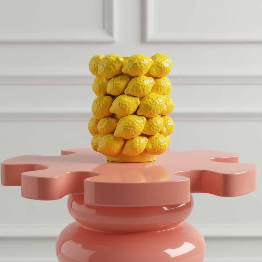 Photo du moyen vase en ceramique avec plein de citrons. Le vase est posée sur une table corail laquée.