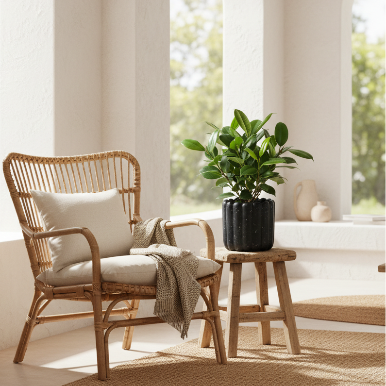 Photo de presentation du cache pot ficus noir en ceramique moucheté devant une chaise en rotin. La pièce est blanche et lumineuse avec un tapis en jonc de mer.