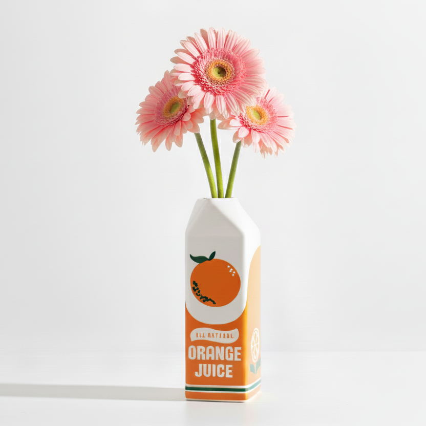 Vase bouteille de jus d'orange sur fond blanc avec des marguerites et une légère ombre