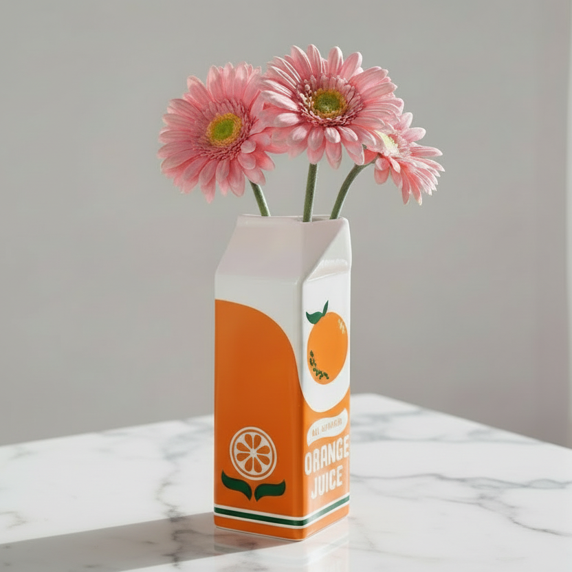 Vase bouteille de jus d'orange avec fleurs marguerites sur une table en marbre 