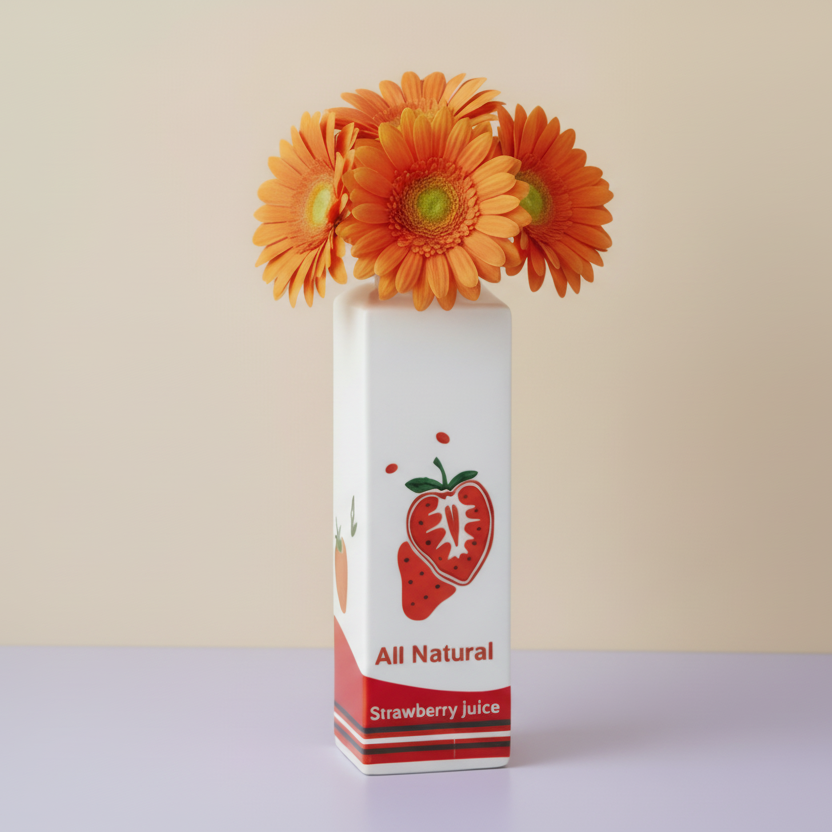 Photo du vase bouteille fraise avec des marguerites oranges. Il est posé sur une table lila devant un mur beige.