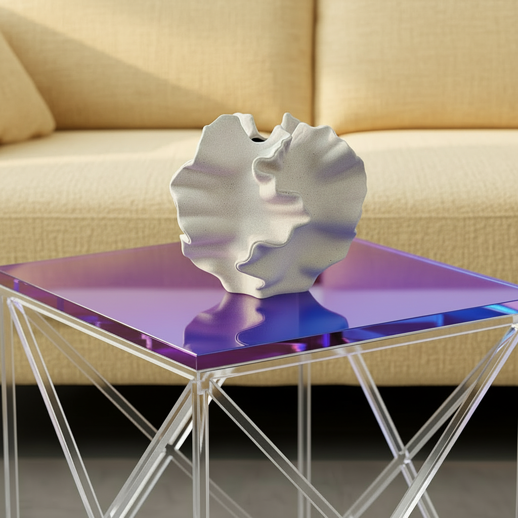 Photo du vase en ceramique hortensia posé sur une table en verre incandescent. Il y a un canape jaune derrière la table.