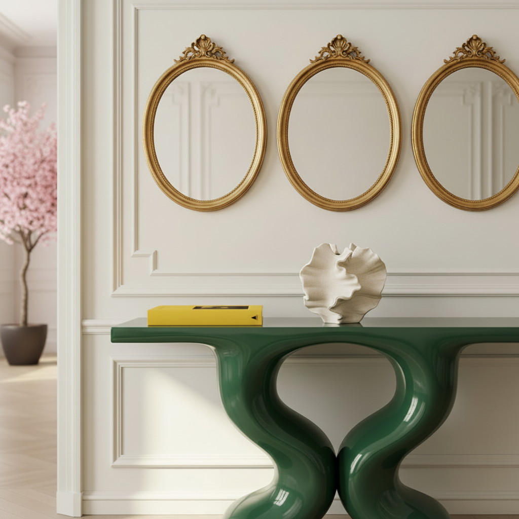 Photo du vase en cerarmique hortensia dans une salon hausmanien épuré et avec une table verte.