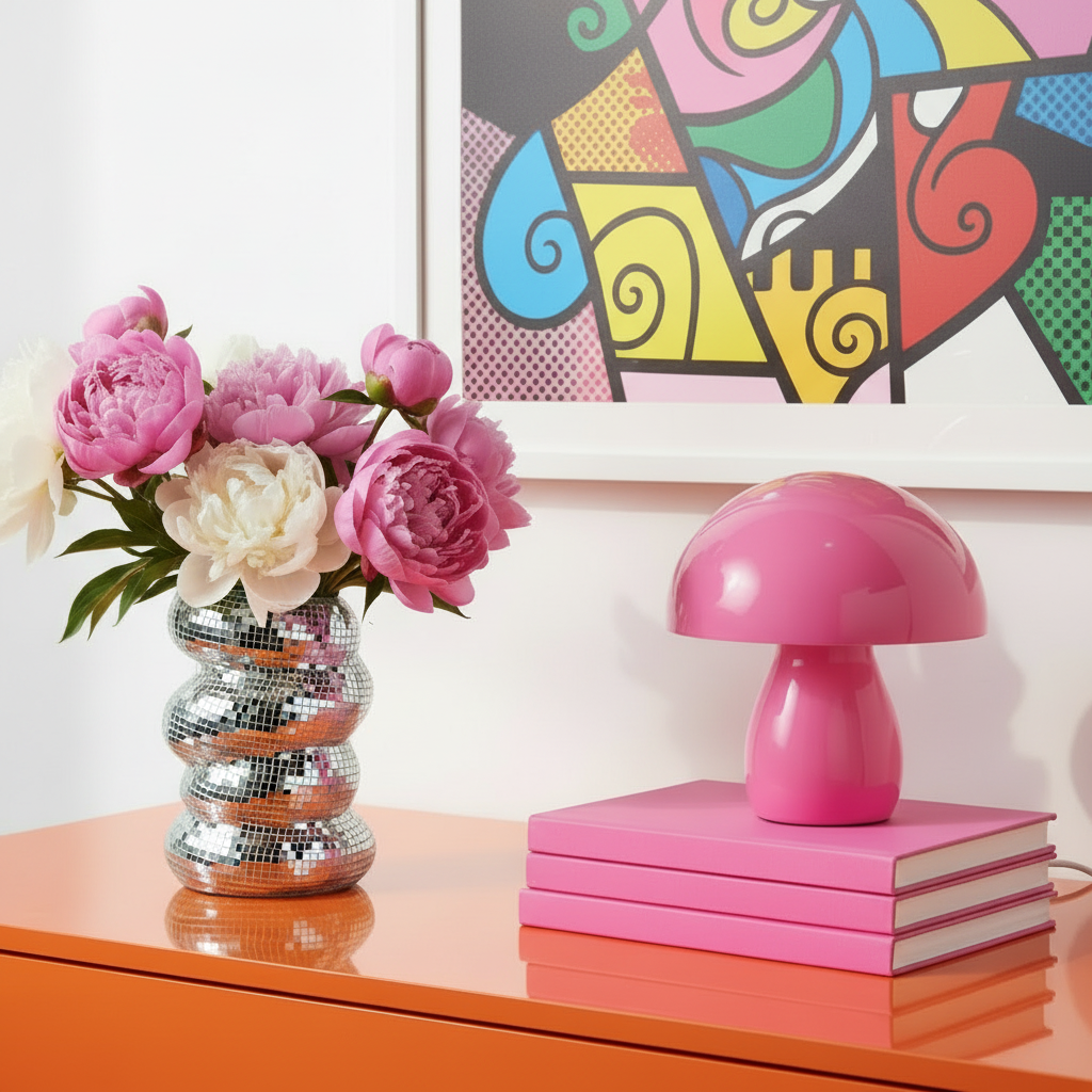 Photo du vase disco pivoine sur un meuble orange avec un fonds blanc et un tableau coloré
