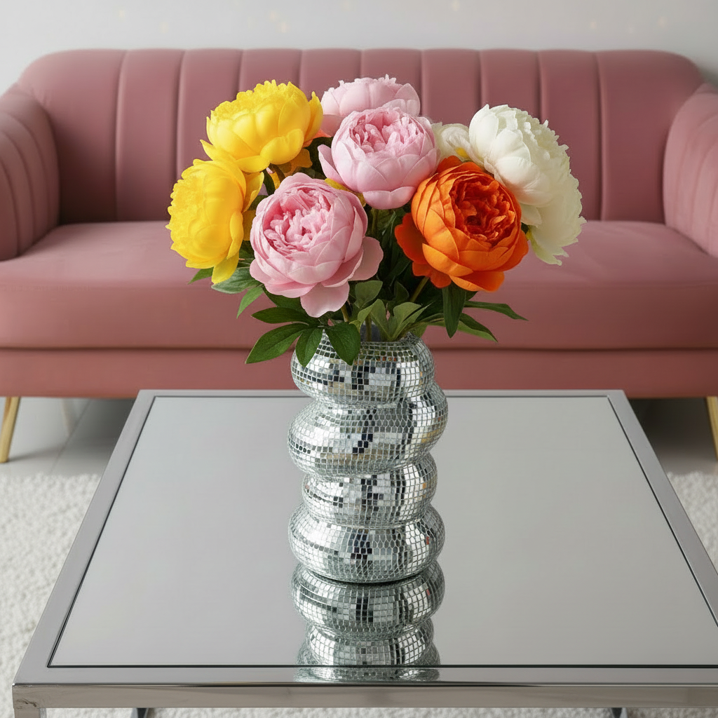 Photo du vase pivoine avec des pivoines et une table basse miroir. Un canapé rose est derrière la table.