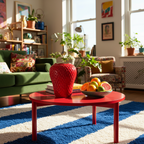 Photo du grand vase fraise rouge dans un salon pop avec un tapis bleu rayé blanc et un cancapé vert