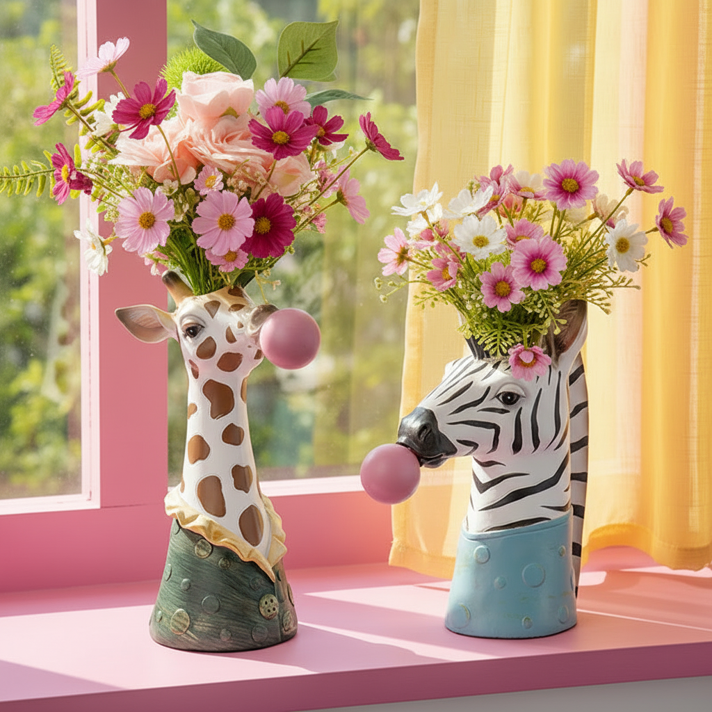 Photos des vases circus girage et zebre sur un rebord de fenetre rose avec des rideaux jaunes.