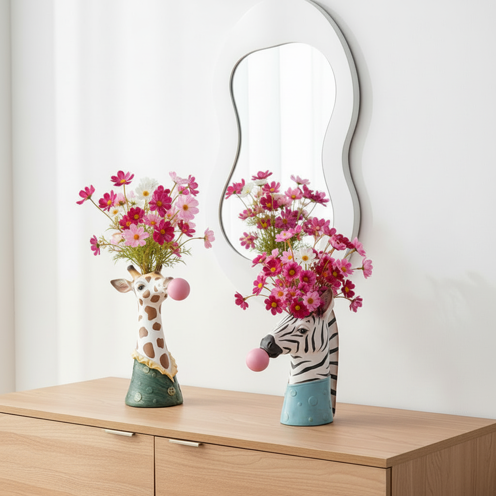 Photos des vases zebre et girafe sur un meuble en bois avec un miroir derrière