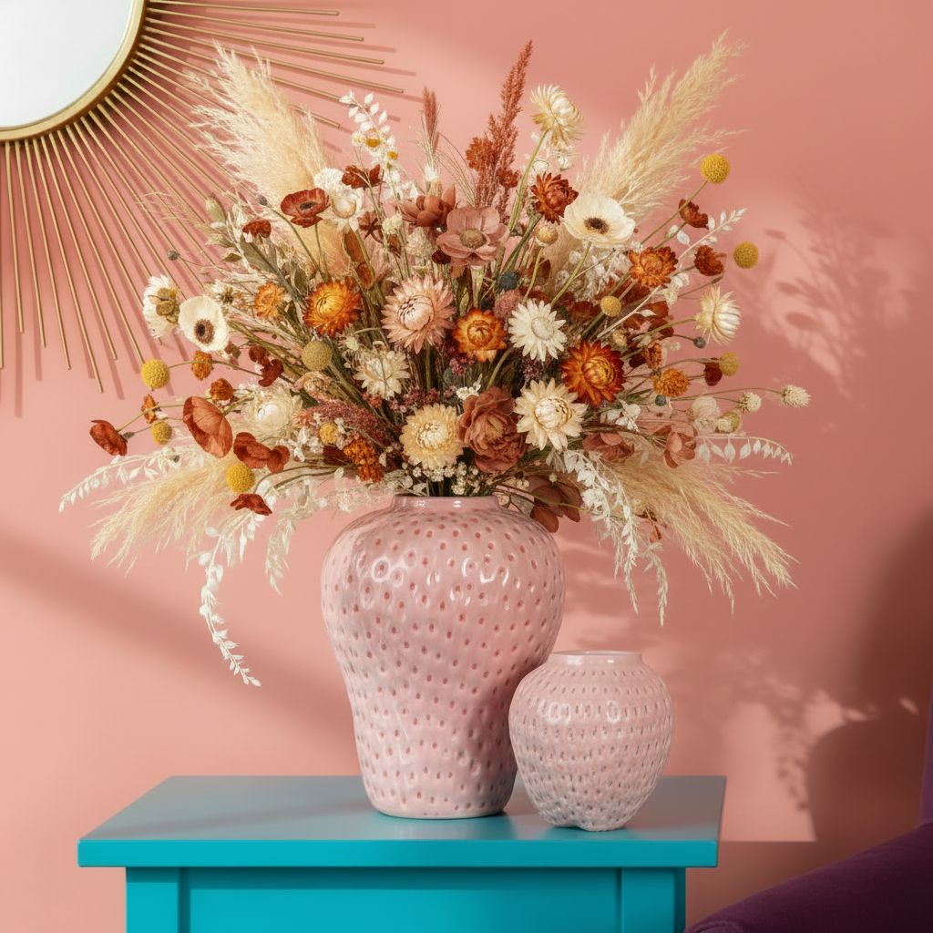 Photo des deux tailles de vases fraise en ceramique. Les vases sont posées sur une table d'appoint bleu devant un mur rose.