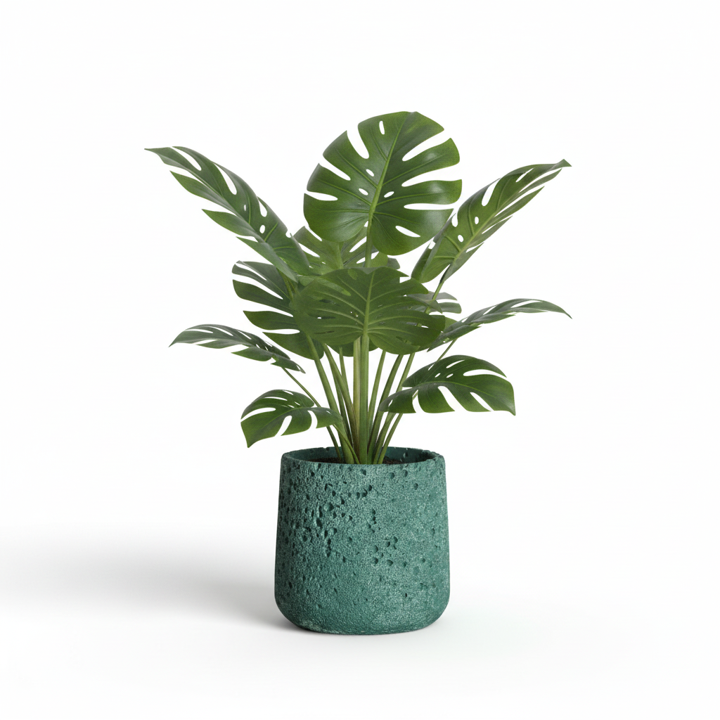 Photo de presentation sur fond blanc du cache pot en ciment monstera vert foret