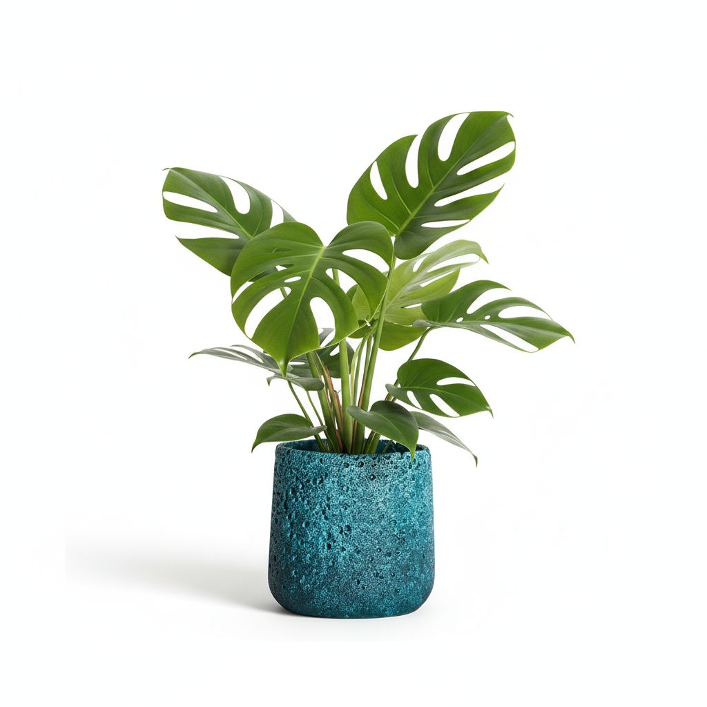 Photo de presentation sur fond blanc du cache pot en ciment monstera bleu canard