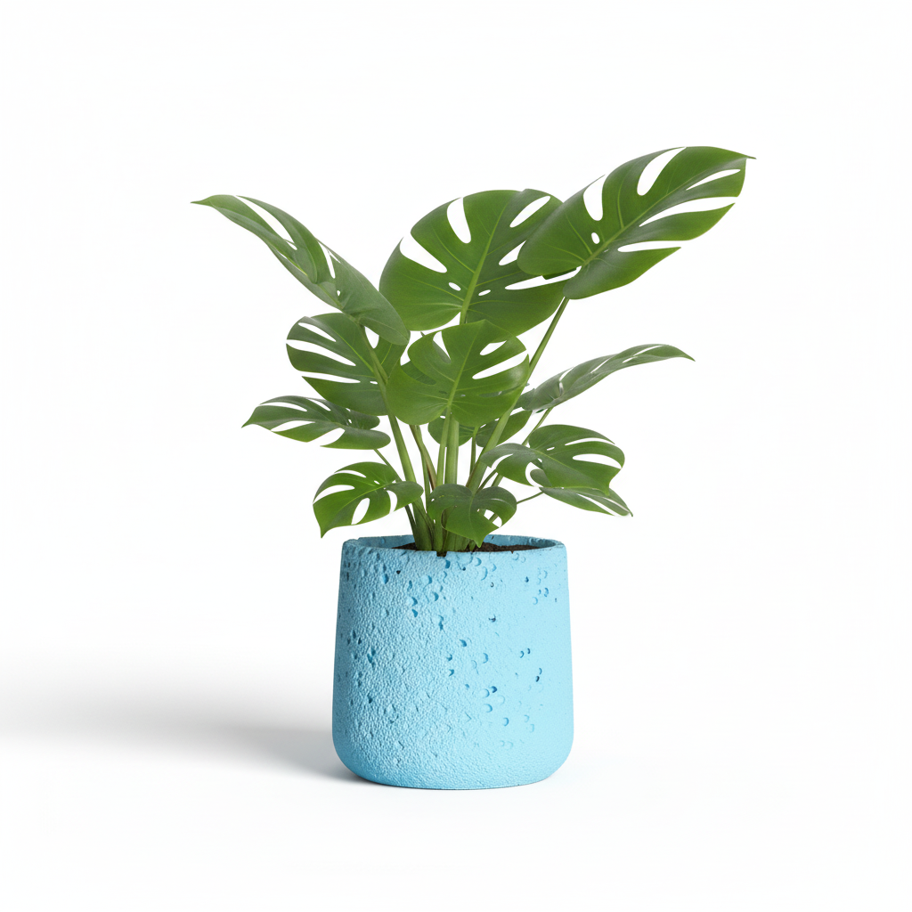 Photo de presentation sur fond blanc du cache pot en ciment monstera bleu clair