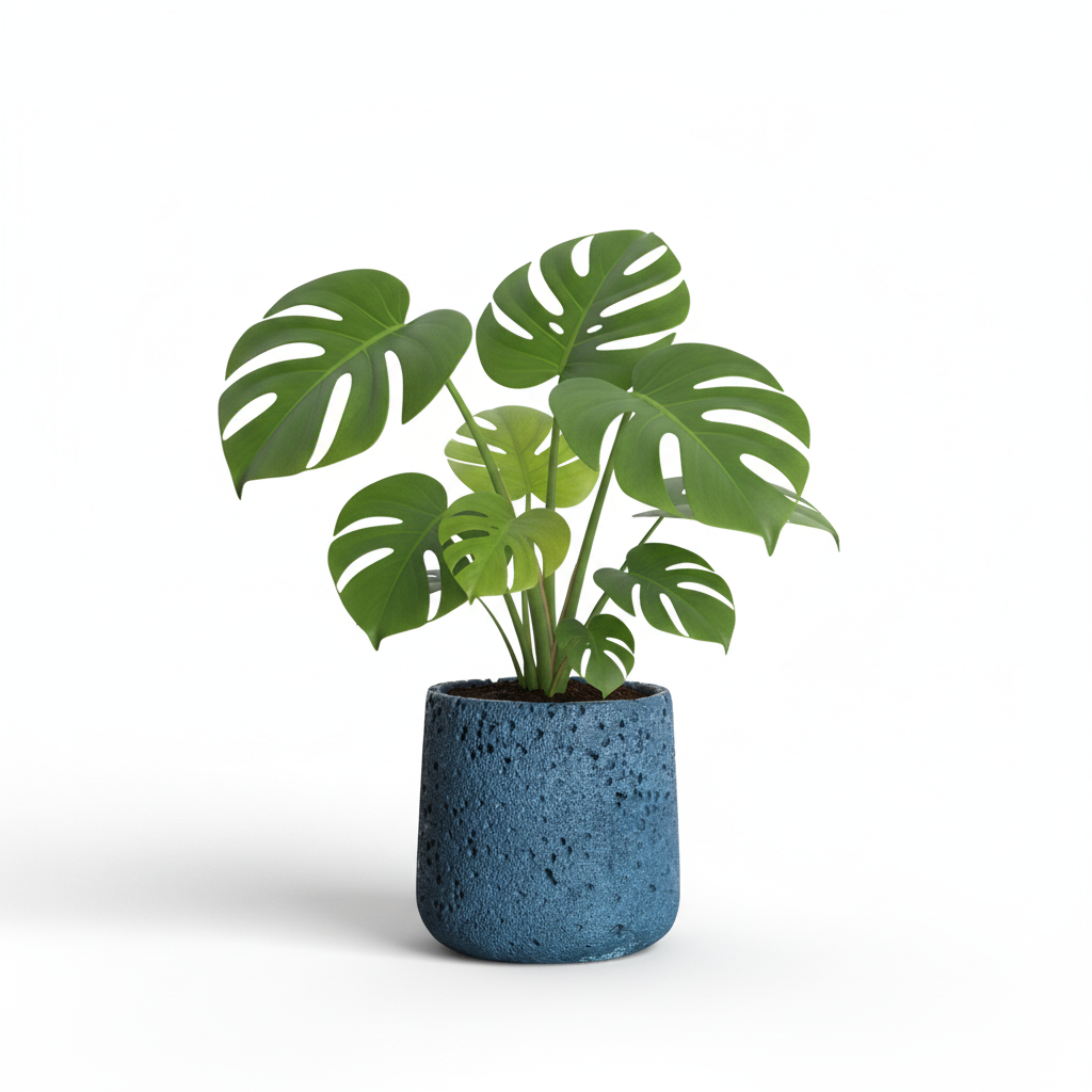 Photo de presentation sur fond blanc du cache pot en ciment monstera bleu fonce