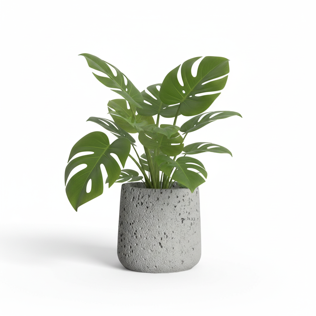 Photo de presentation sur fond blanc du cache pot en ciment monstera gris clair