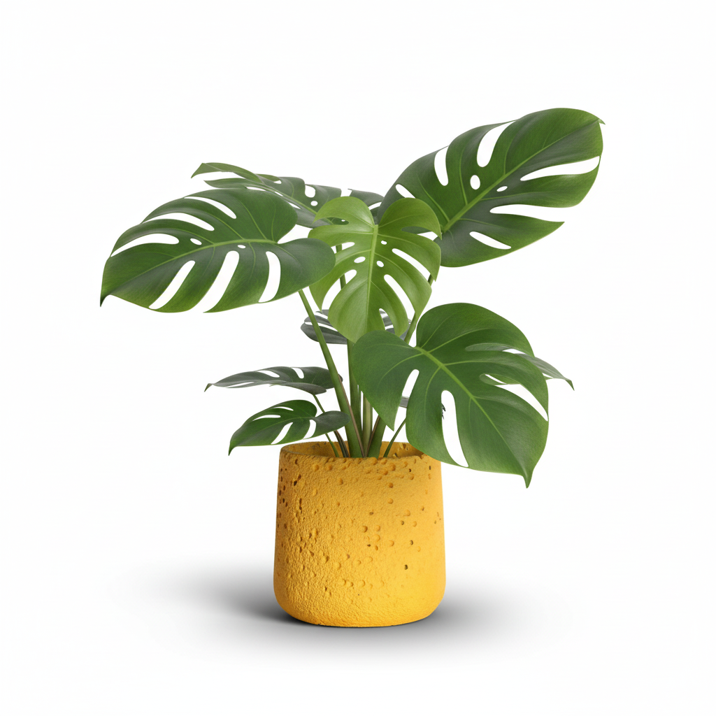 Photo de presentation sur fond blanc du cache pot en ciment monstera jaune