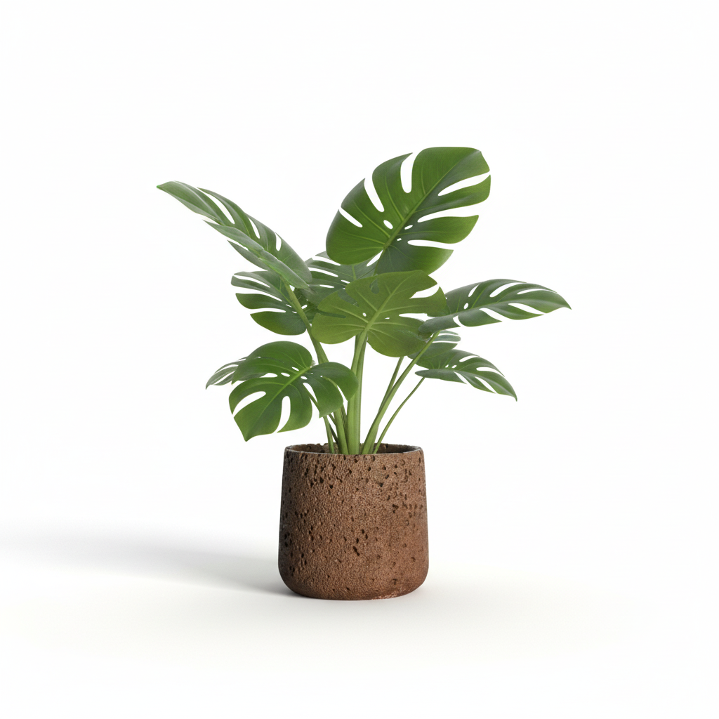 Photo de presentation sur fond blanc du cache pot en ciment monstera marron