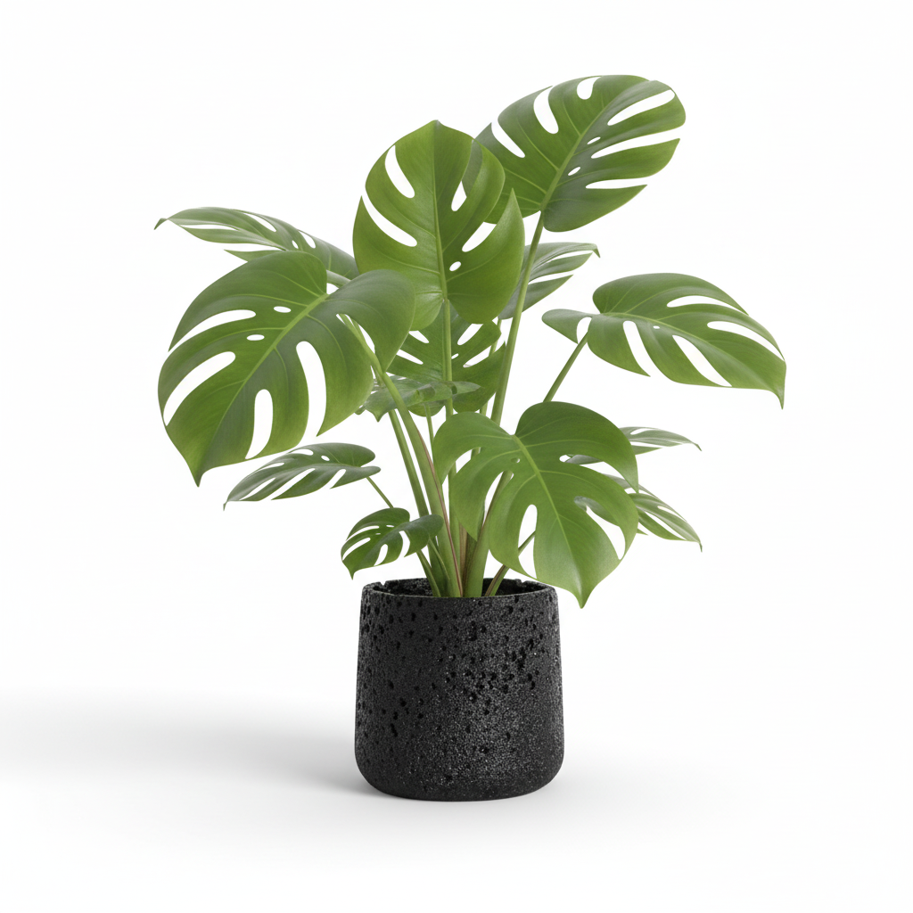Photo de presentation sur fond blanc du cache pot en ciment monstera noir