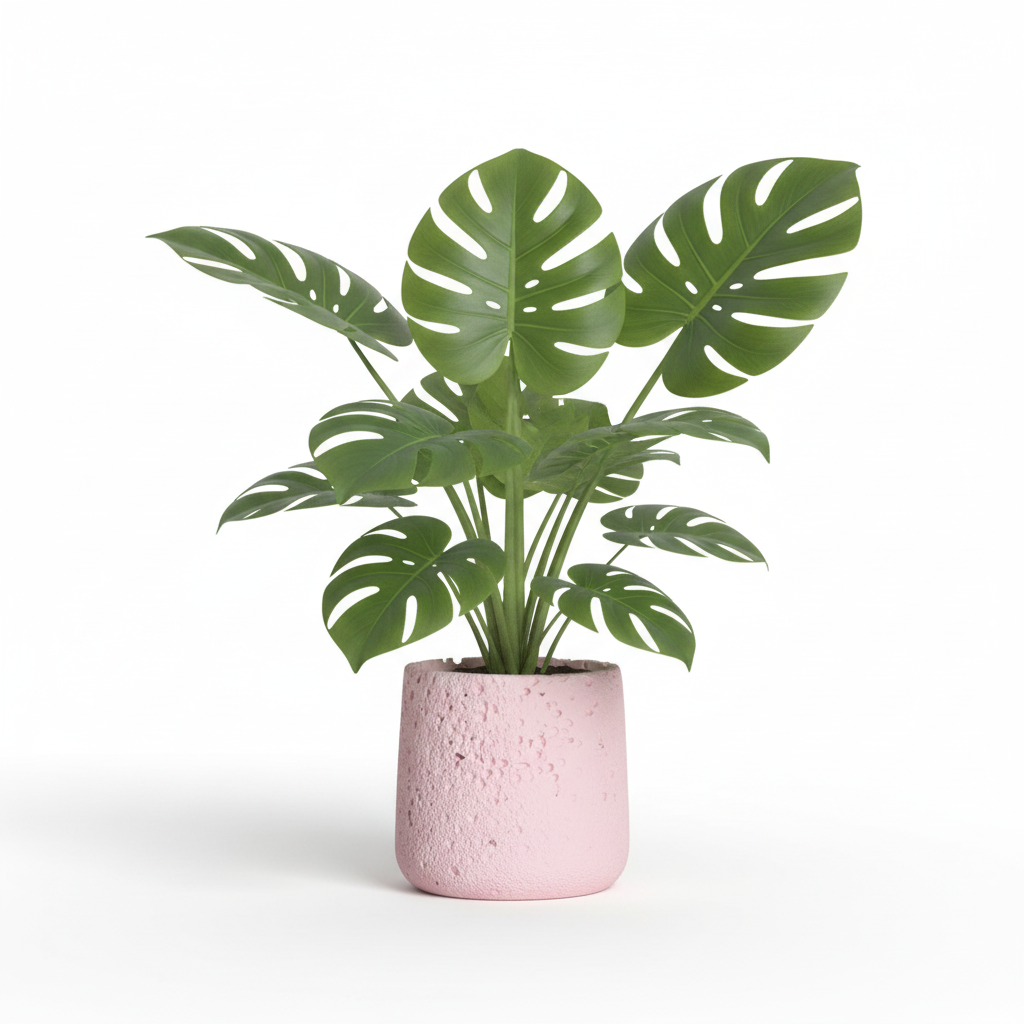 Photo de presentation sur fond blanc du cache pot en ciment monstera rose pale