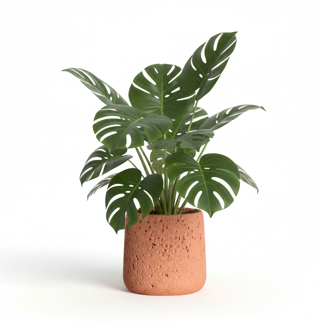 Photo de presentation sur fond blanc du cache pot en ciment monstera terracotta