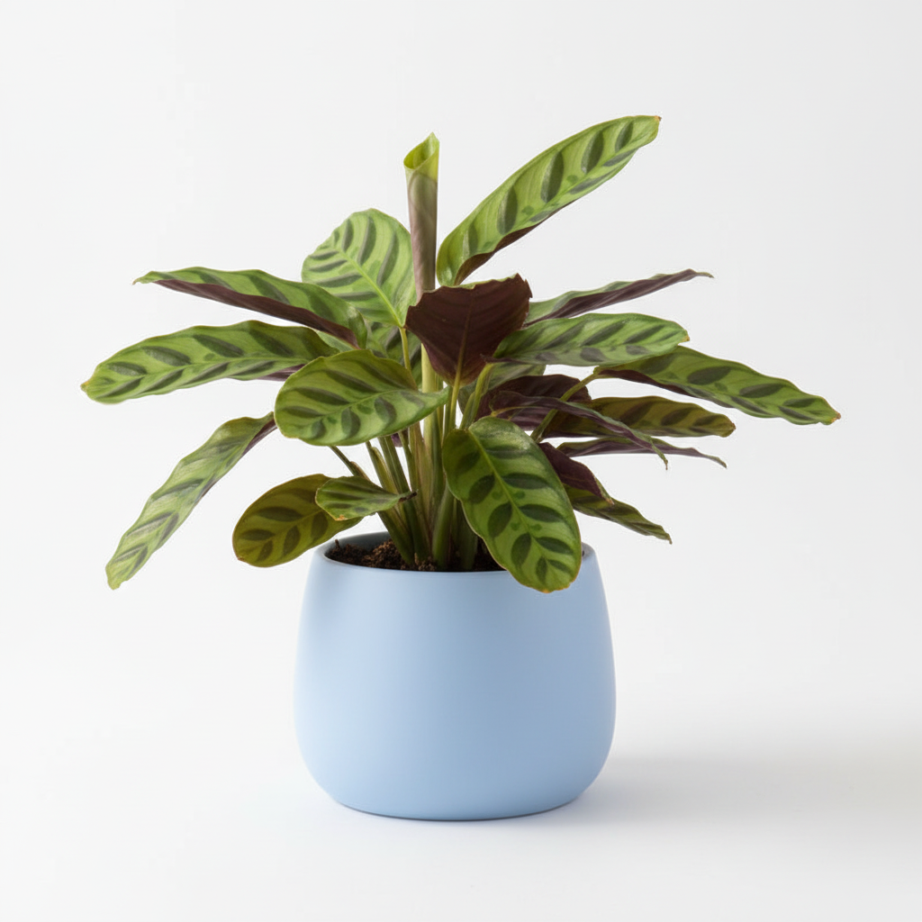 Photo de presentation du cache pot calathea couleur bleu devant un fond blanc