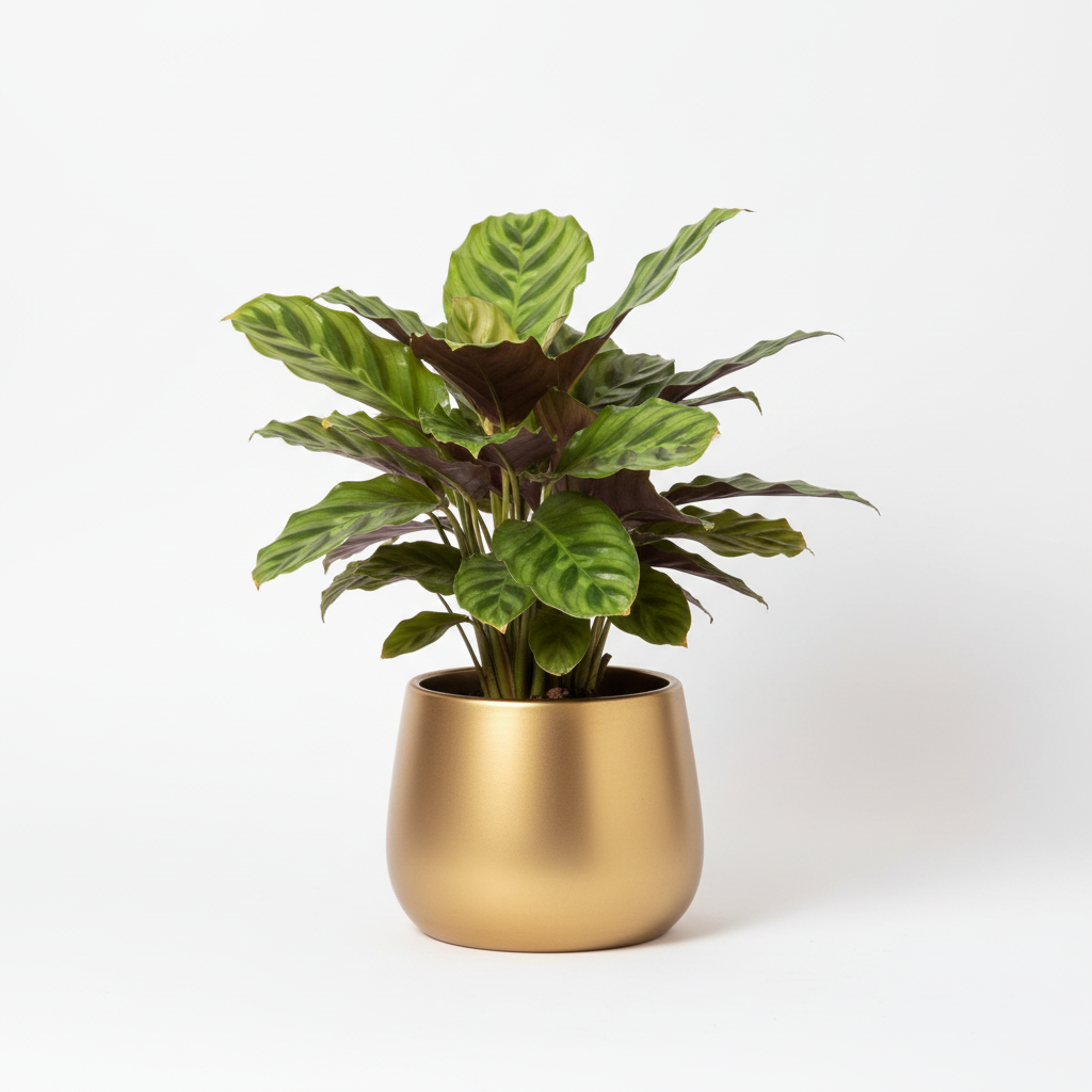 Photo de presentation du cache pot calathea couleur or mat devant un fond blanc