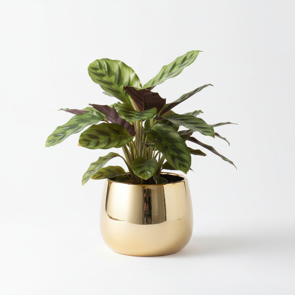 Photo de presentation du cache pot calathea couleur or devant un fond blanc