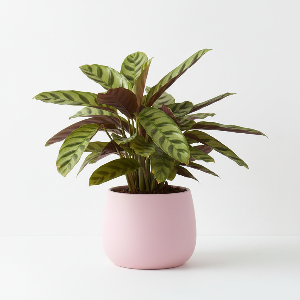 Photo de presentation du cache pot calathea couleur rose devant un fond blanc