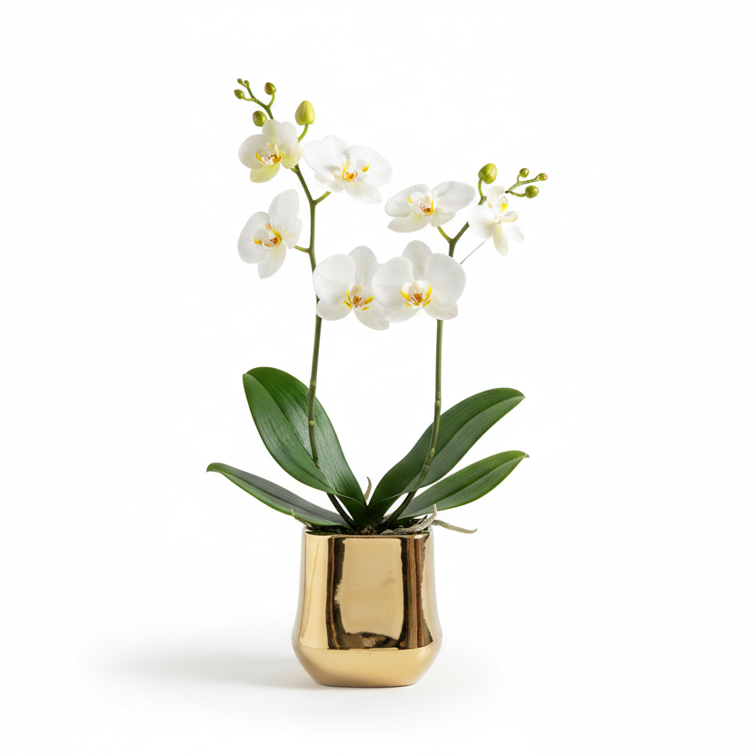 Photo de presentation du pot en ceramique orchidee or sur fond blanc