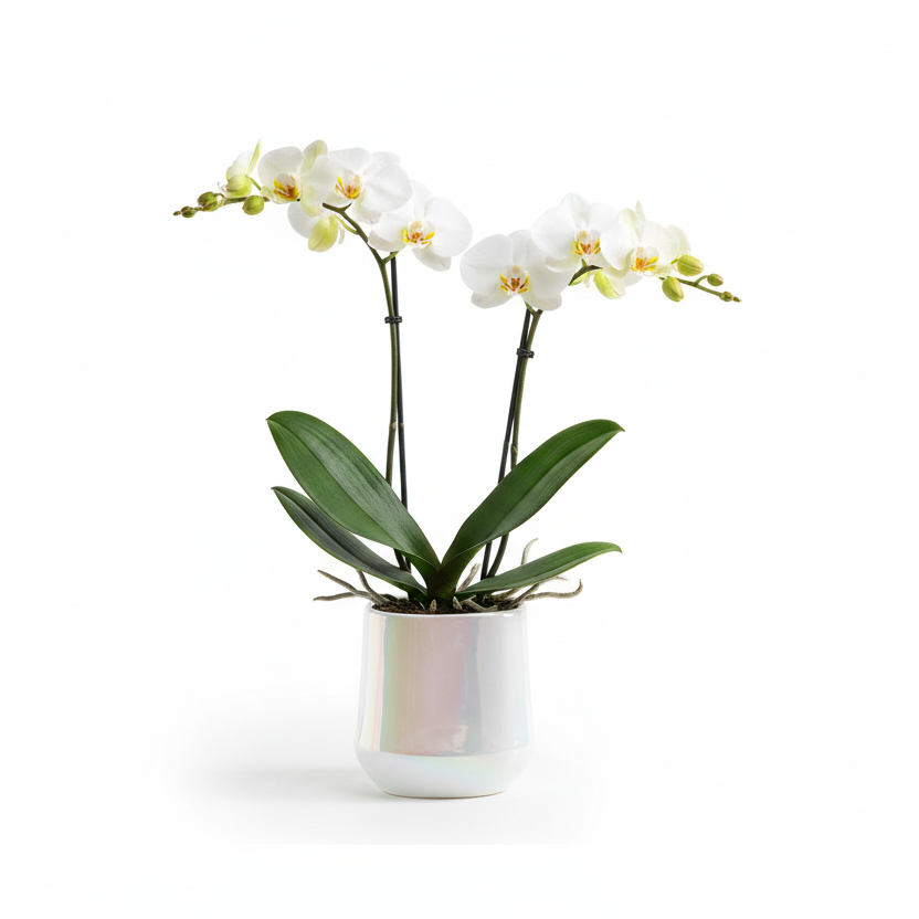 Photo de presentation du pot en ceramique orchidee blanc sur fond blanc