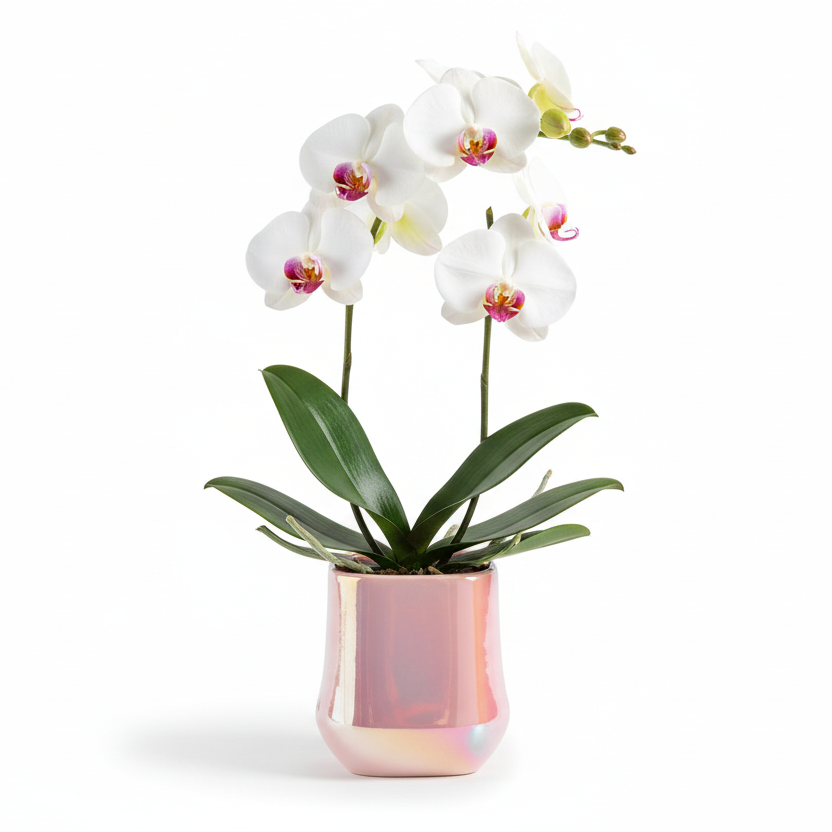 Photo de presentation du pot en ceramique orchidee rose sur fond blanc