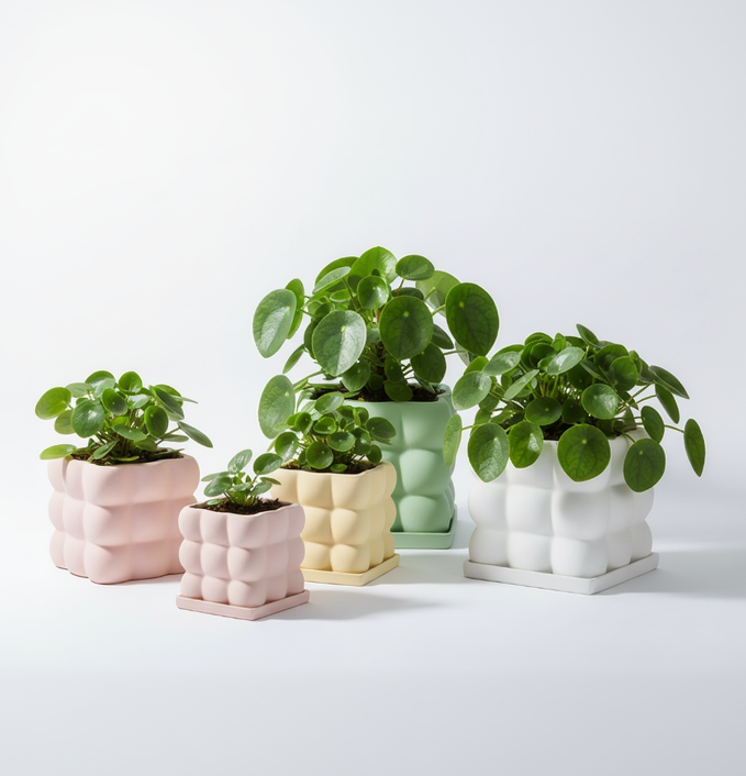 photo de presentation des pots pilea de couleur pastel devant un fond blanc