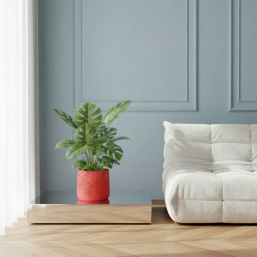 Photo de mise en situation du cache pot en ciment monstera rouge dans un salon hausmanien. Les murs sont peint en bleu, le sol en parquet et un togo blanc est présent. Le cache pot est posé sur un pied d'estrale en miroir.