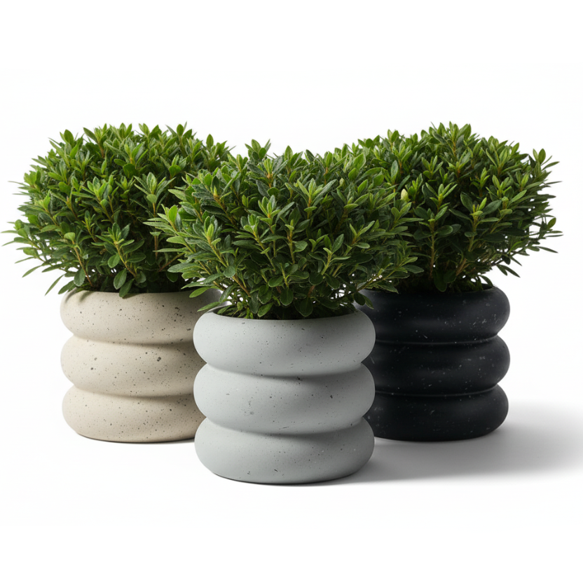 Photo de presentation sur fonds blanc des caches pots en ceramique  mouchetée azalee beige, gris et noir