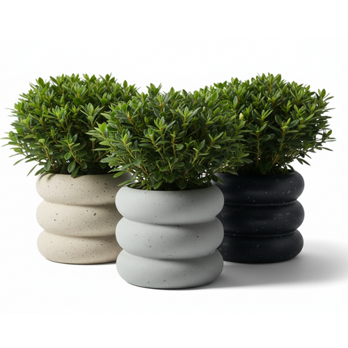 Photo de presentation sur fonds blanc des caches pots en ceramique  mouchetée azalee beige, gris et noir