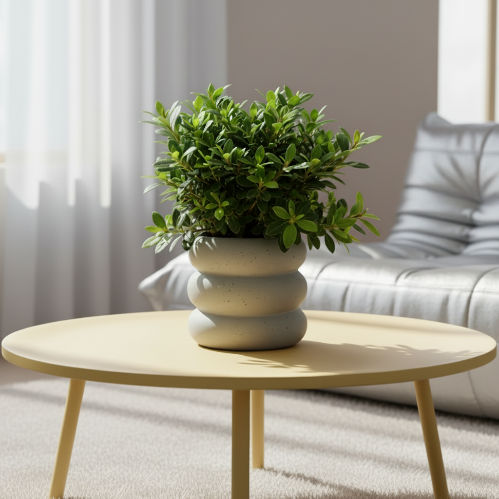 Photo de presentation du pot en ceramique azalee beige mouchete sur une table jaune posee sur un tapis bleu clair. Il y a egalement un canapé rose