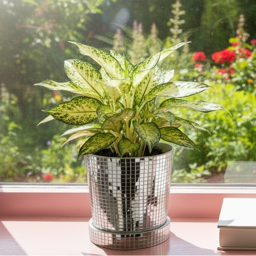 Photo de presentation du pot disco Aglaonema sur un rebord de fenetre rose pale 
