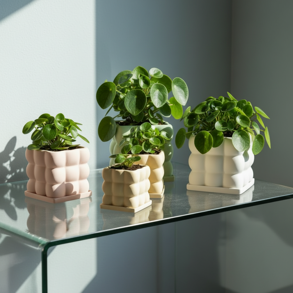 Photo de plusieurs pot pilea posés sur une console en verre devant un mur bleu clair