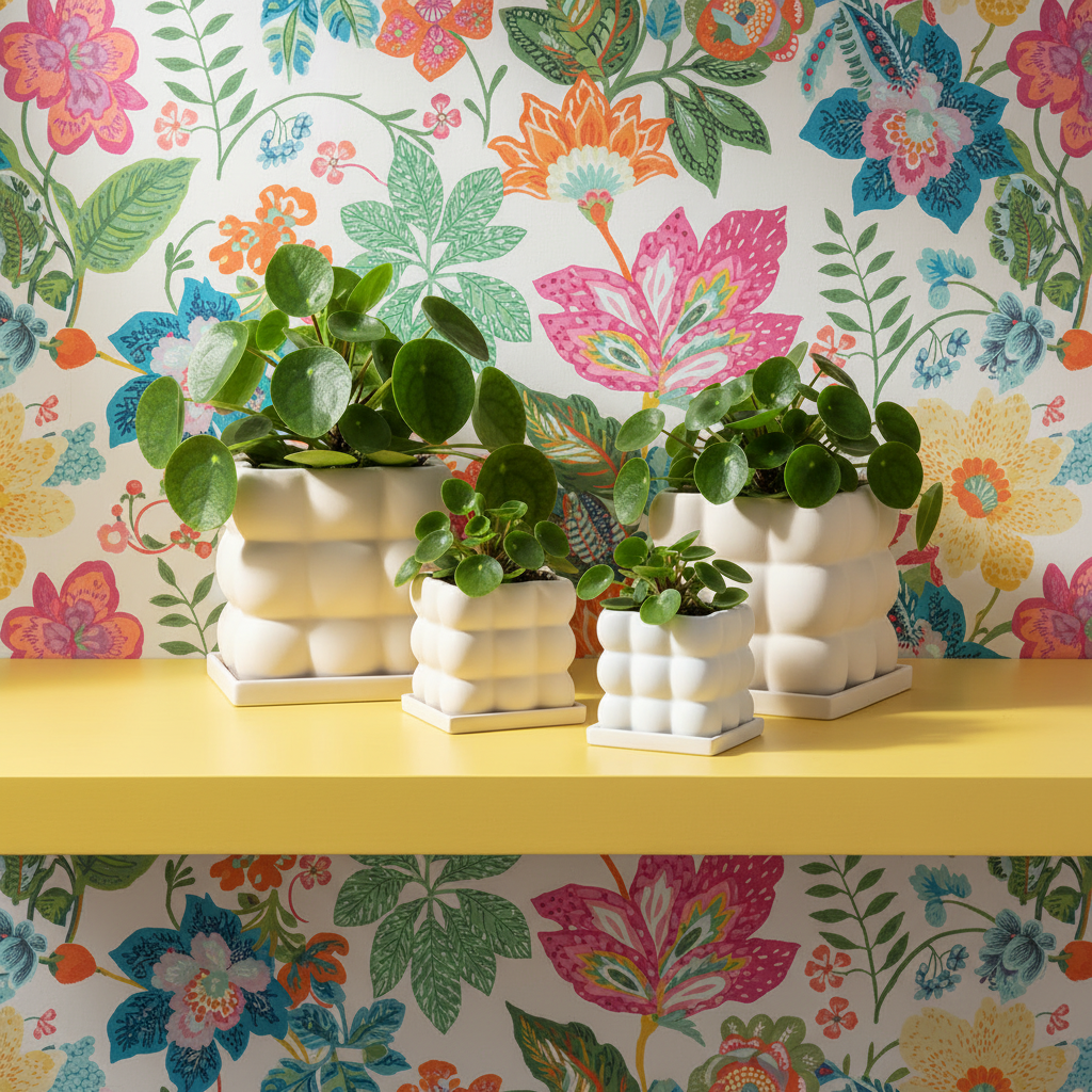 Photo de presentation des pots pilea de differentes taille sur une etagere jaune