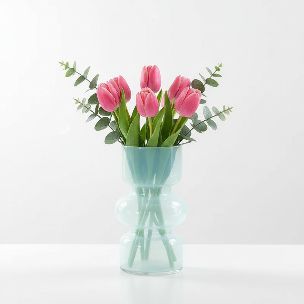 Photo de présentation du vase tulipe bleu ciel en verre