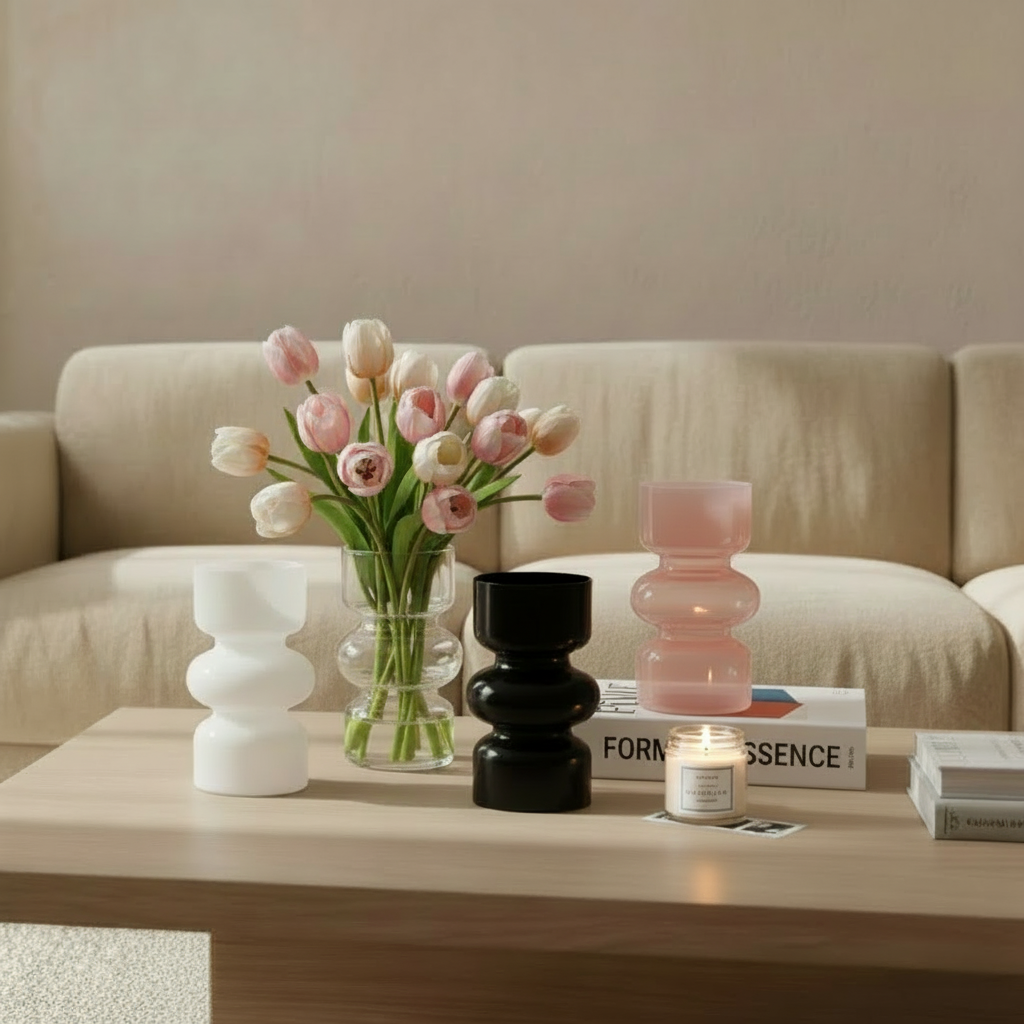 Photo des vases tulipe blanc transparent noir et rose sur une table en bois clair devant un canapé beige avec un mur beige foncé